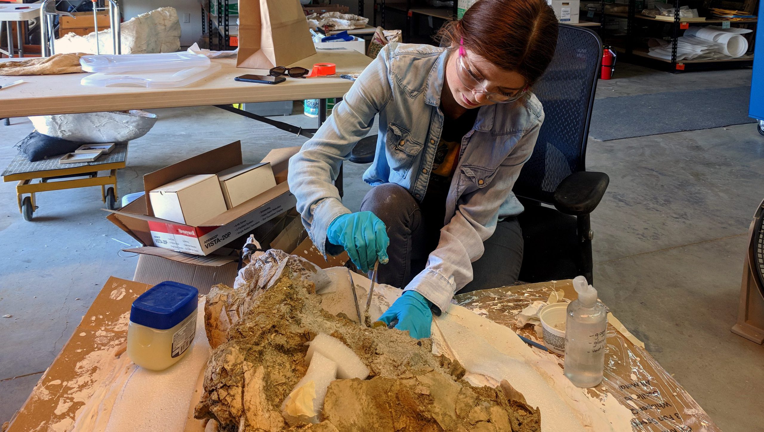 An archeologist cleans and examines a mammoth skull.
