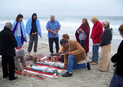 Representatives of the Luiseño and Kumeyaay Nations gather on a San Diego County beach.